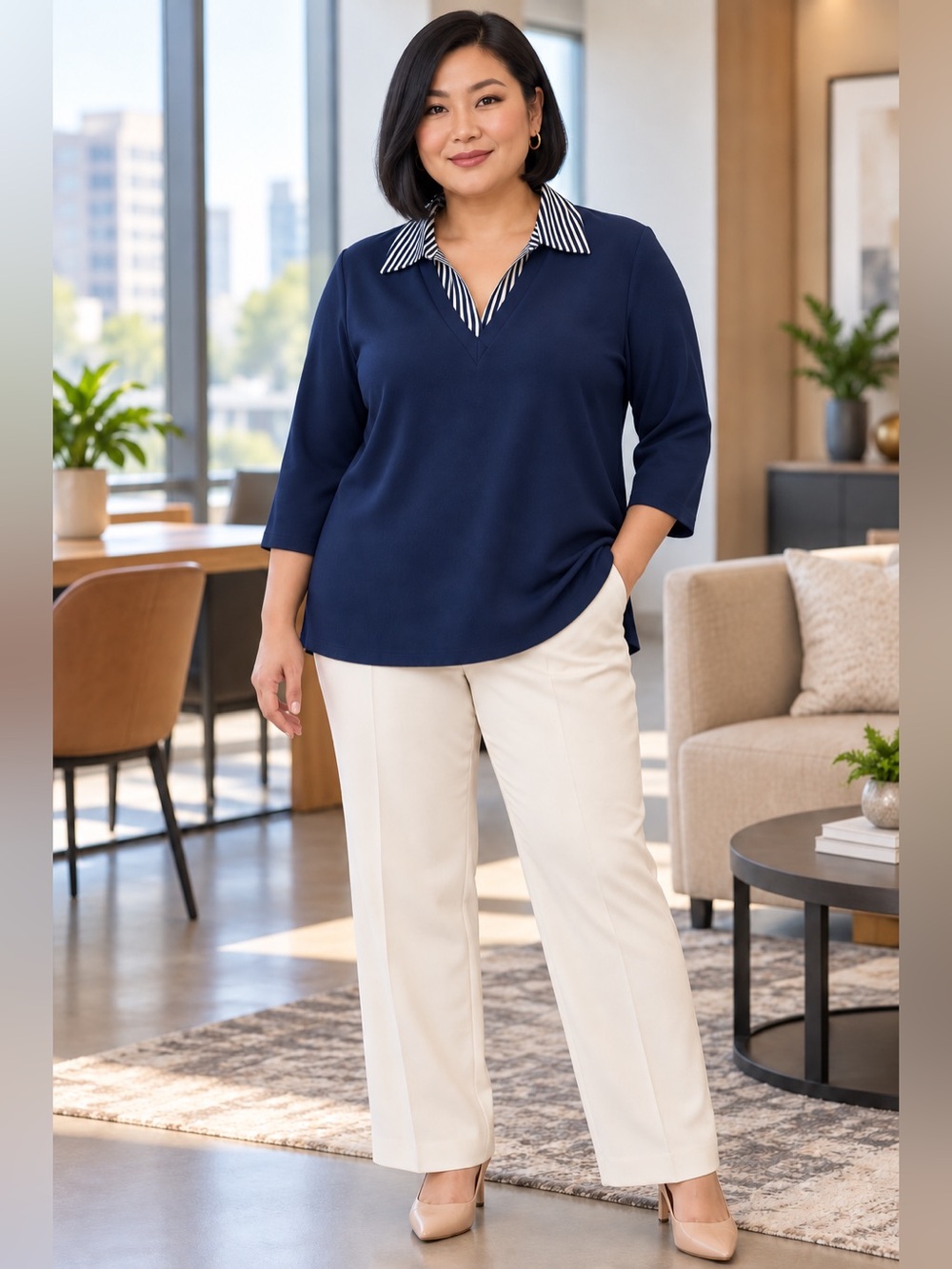 Adrianna Papell 1X Navy Striped Collar Layered Look Blouse